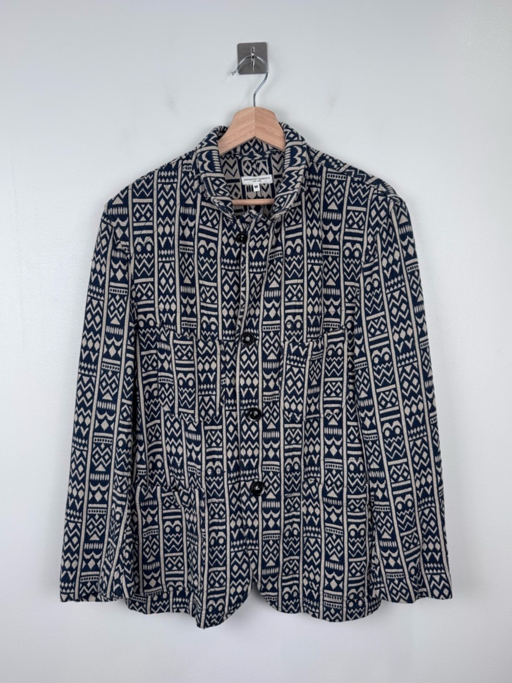 Engineered Garments Men Navy &‎ Ivory Print Lapel Jacket Blazer Size Medium